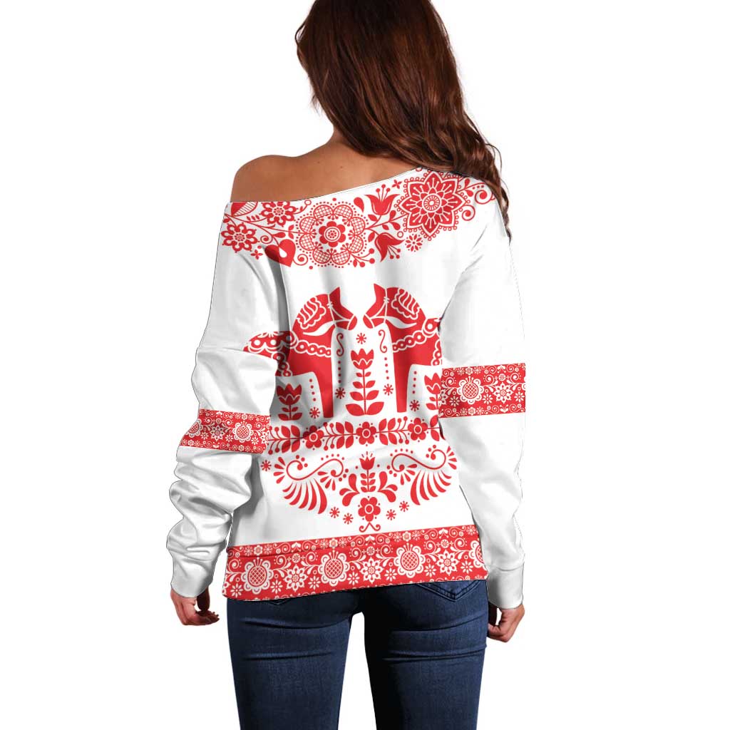 Sweden Daleclarian Horse Off Shoulder Sweater Floral Folk Pattern White Version
