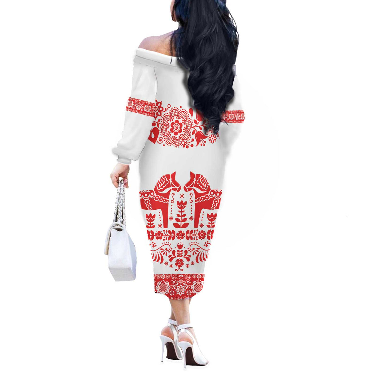 Sweden Daleclarian Horse Off The Shoulder Long Sleeve Dress Floral Folk Pattern White Version