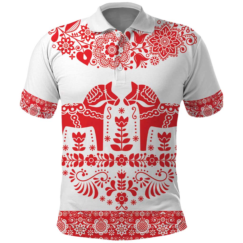 Sweden Daleclarian Horse Polo Shirt Floral Folk Pattern White Version