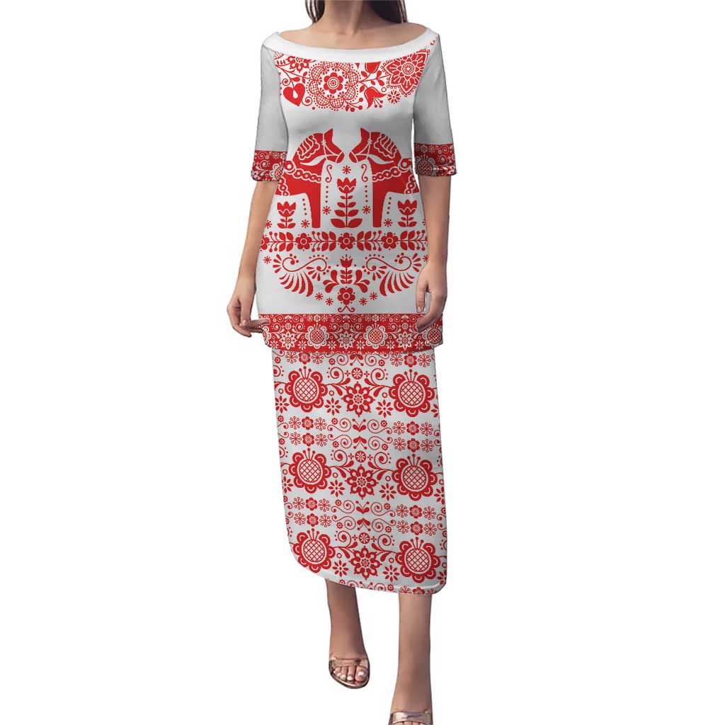 Sweden Daleclarian Horse Puletasi Floral Folk Pattern White Version