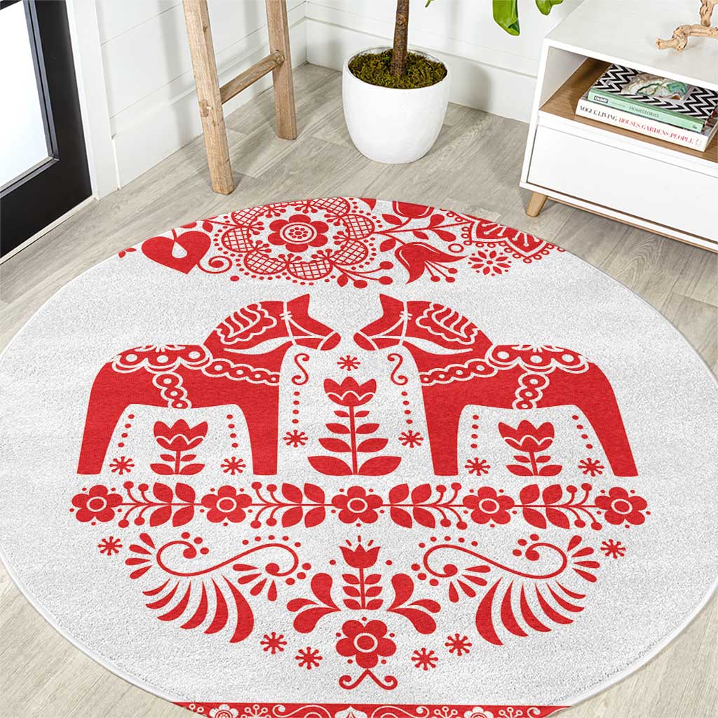 Sweden Daleclarian Horse Round Carpet Floral Folk Pattern White Version