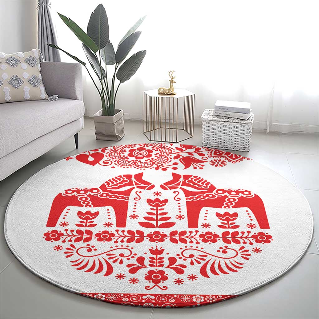 Sweden Daleclarian Horse Round Carpet Floral Folk Pattern White Version