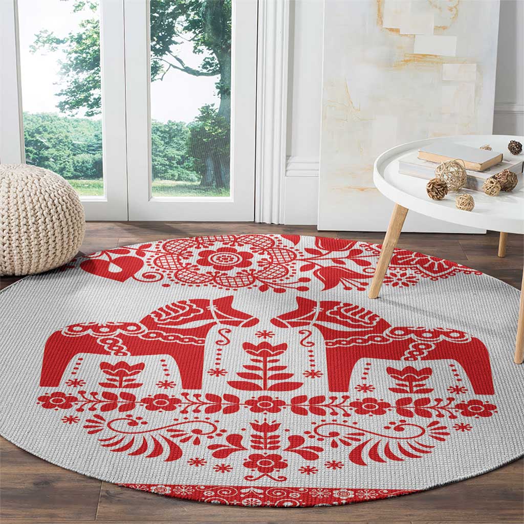 Sweden Daleclarian Horse Round Carpet Floral Folk Pattern White Version