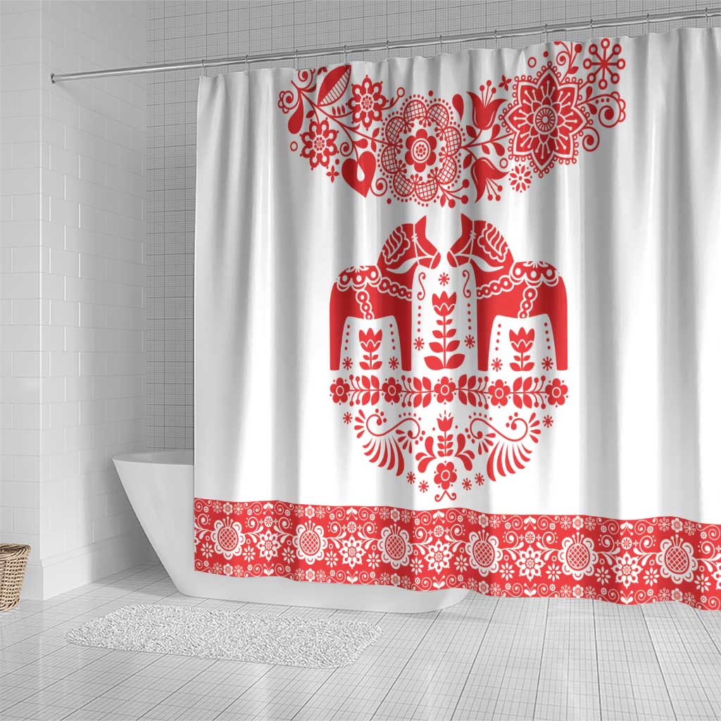 Sweden Daleclarian Horse Shower Curtain Floral Folk Pattern White Version