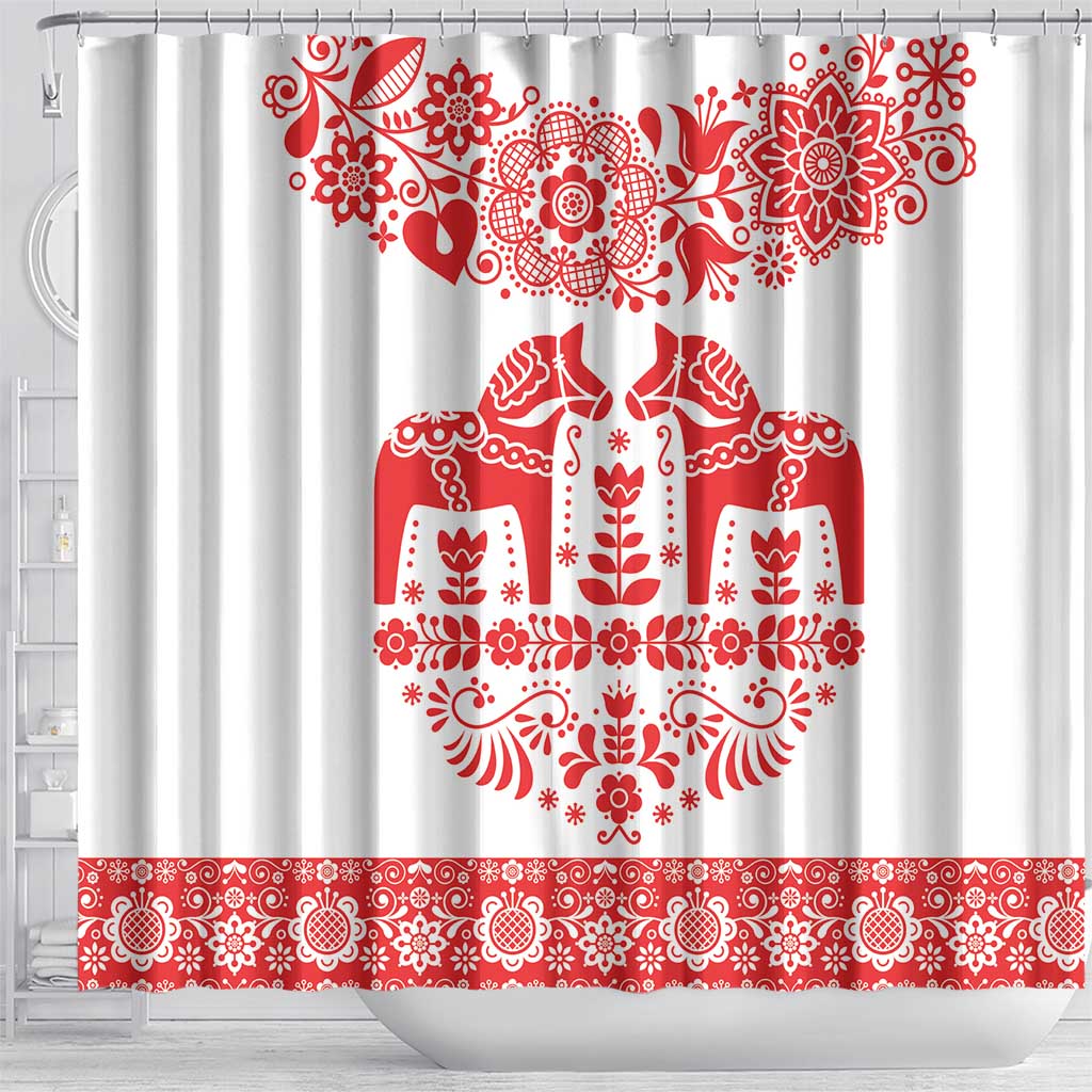 Sweden Daleclarian Horse Shower Curtain Floral Folk Pattern White Version