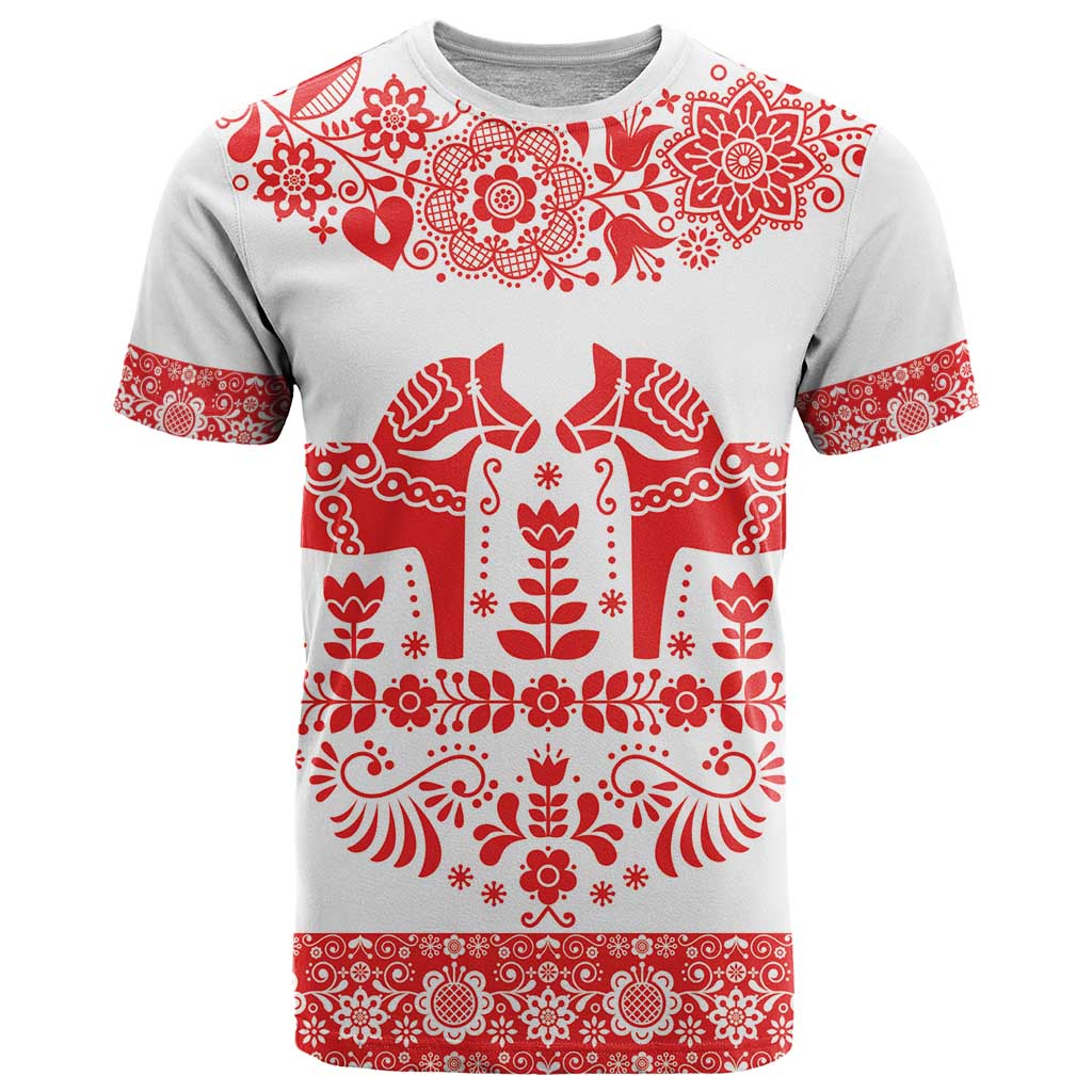 Sweden Daleclarian Horse T Shirt Floral Folk Pattern White Version