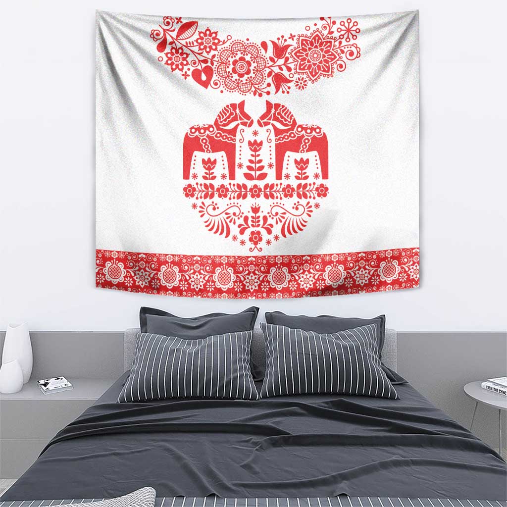 Sweden Daleclarian Horse Tapestry Floral Folk Pattern White Version
