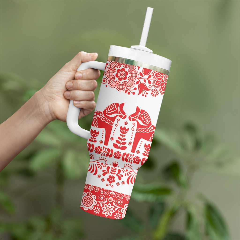 Sweden Daleclarian Horse Tumbler With Handle Floral Folk Pattern White Version