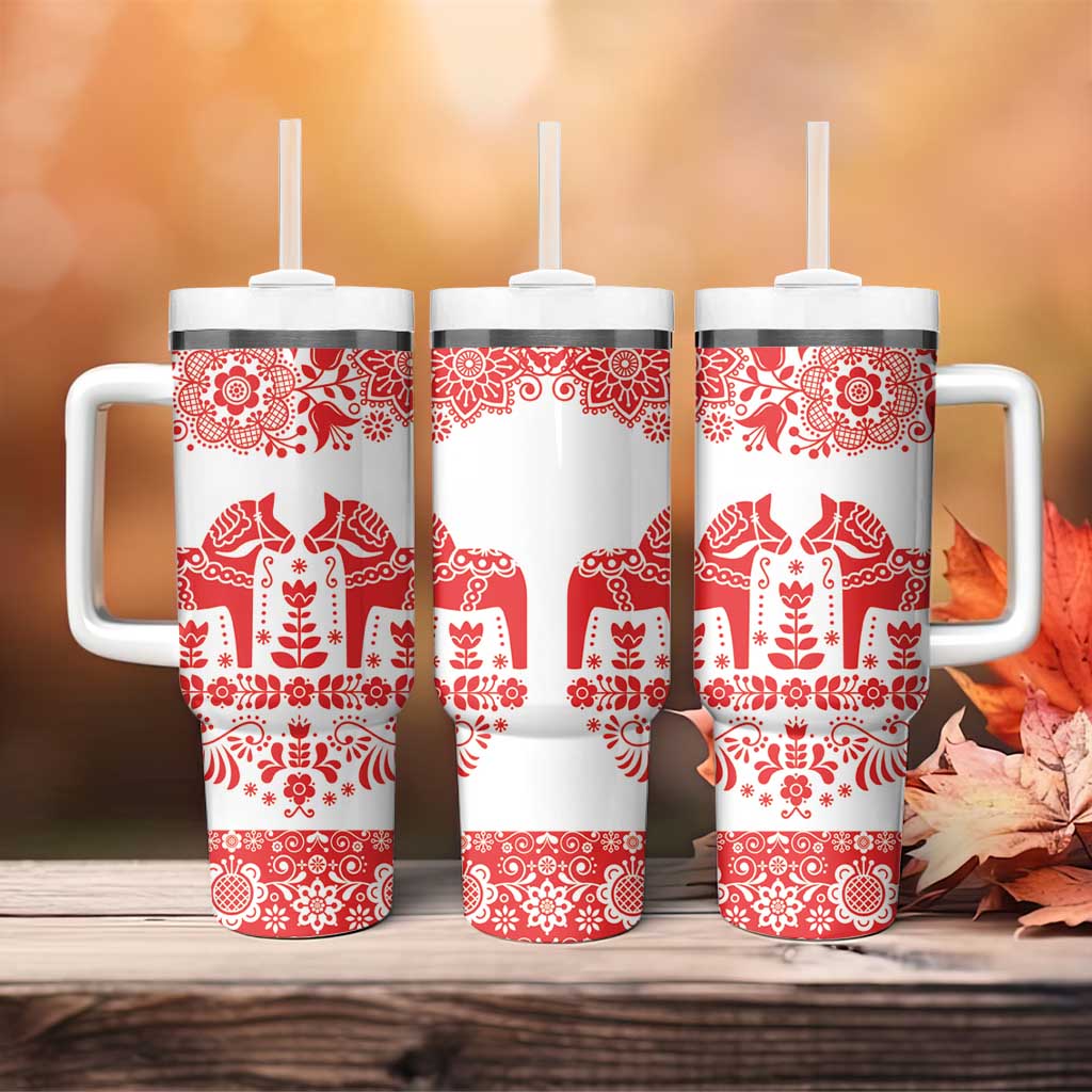 Sweden Daleclarian Horse Tumbler With Handle Floral Folk Pattern White Version