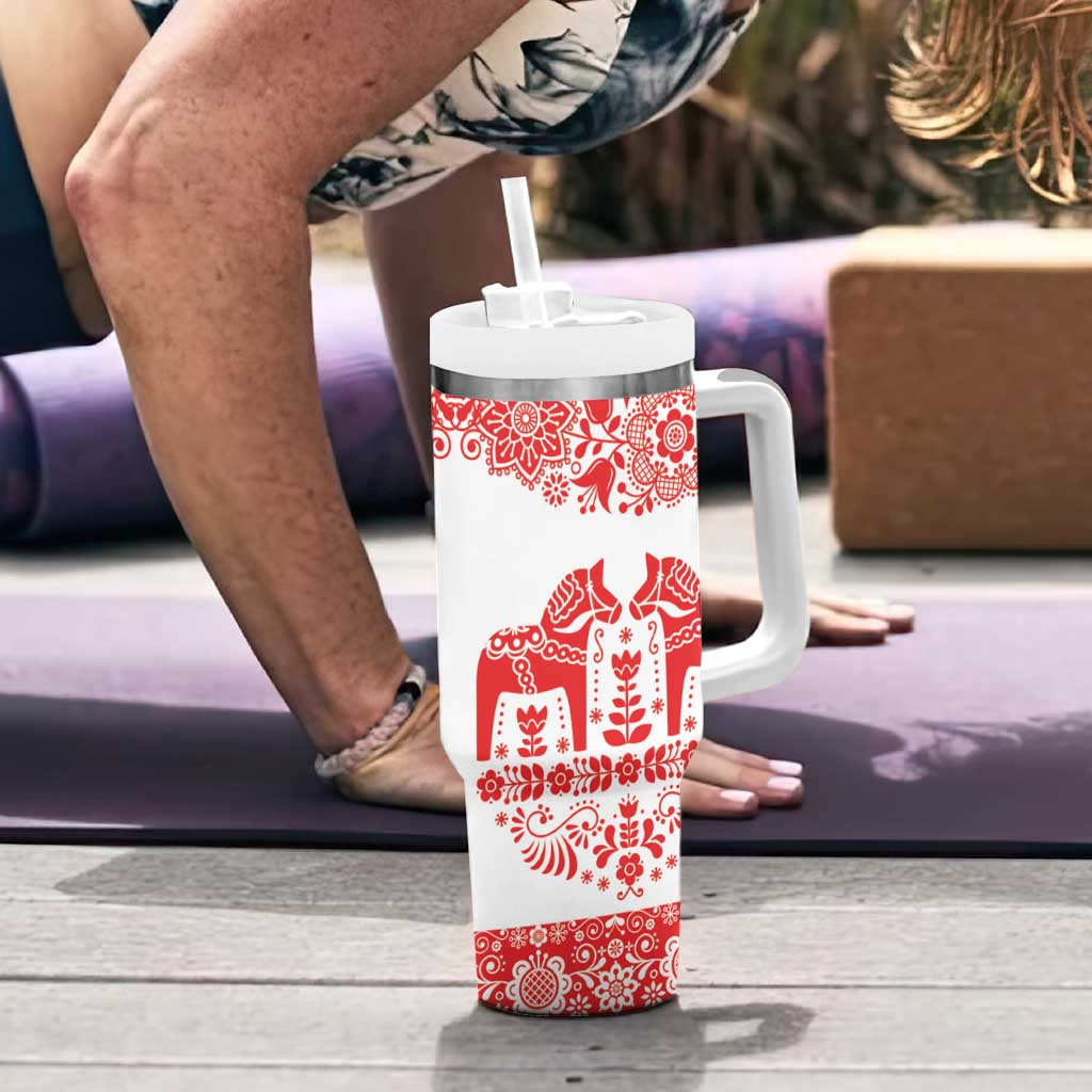 Sweden Daleclarian Horse Tumbler With Handle Floral Folk Pattern White Version