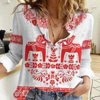 Sweden Daleclarian Horse Women Casual Shirt Floral Folk Pattern White Version