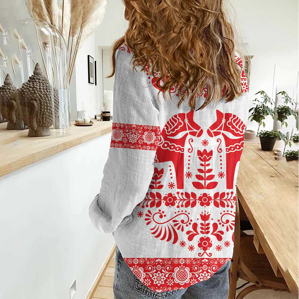Sweden Daleclarian Horse Women Casual Shirt Floral Folk Pattern White Version