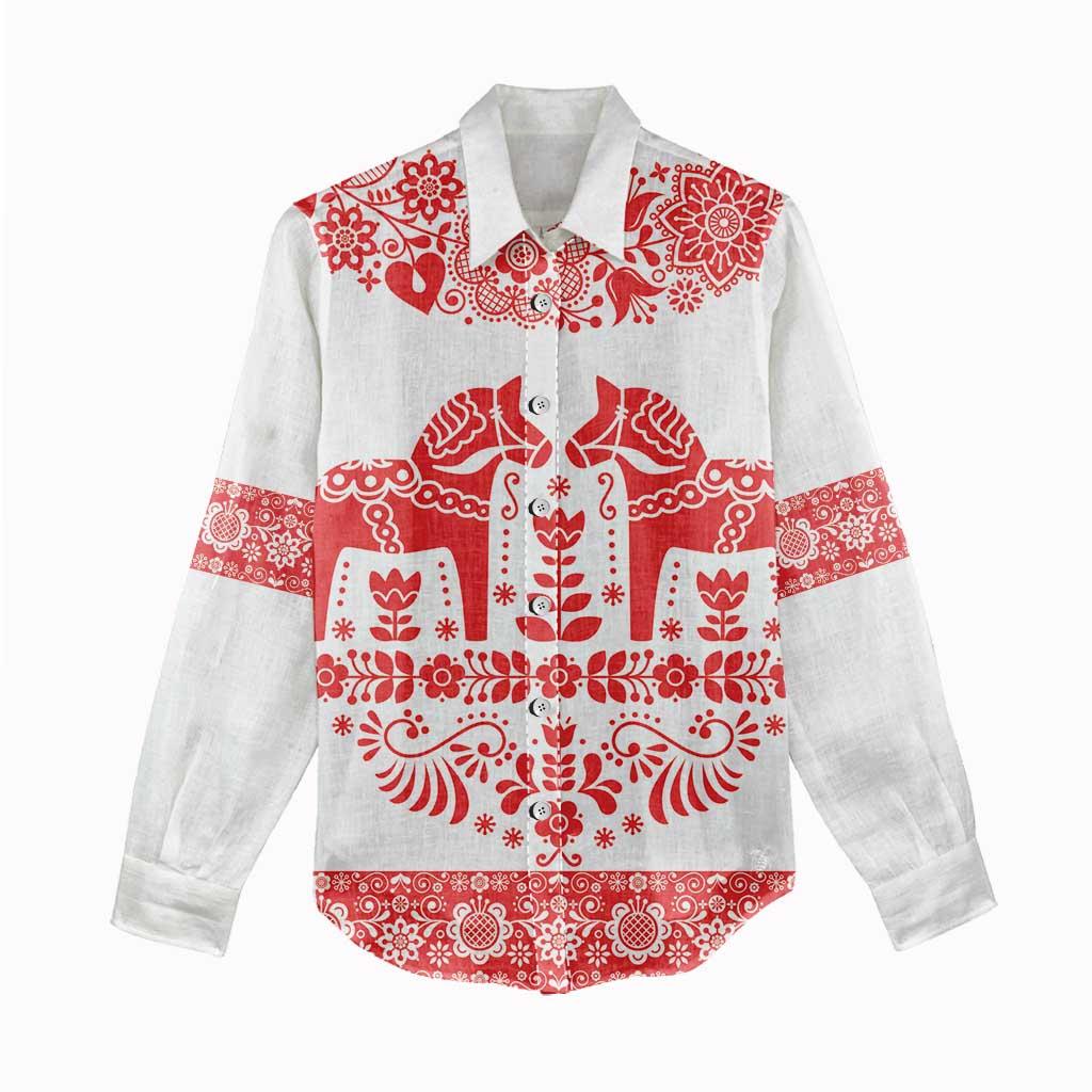 Sweden Daleclarian Horse Women Casual Shirt Floral Folk Pattern White Version
