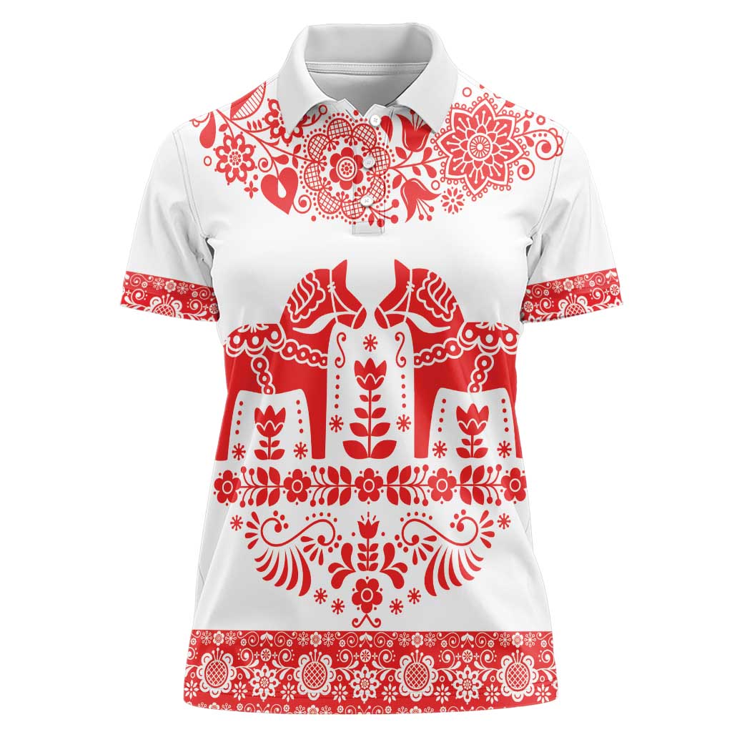 Sweden Daleclarian Horse Women Polo Shirt Floral Folk Pattern White Version