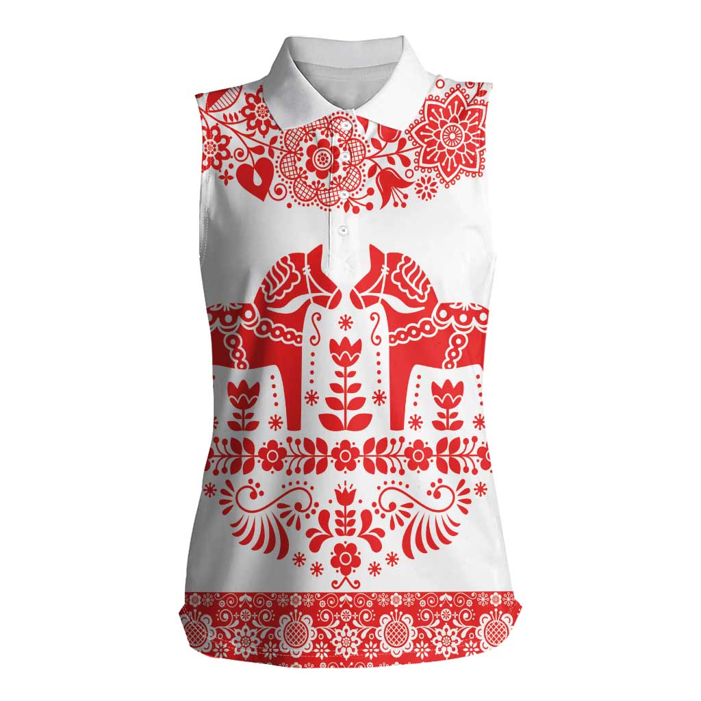 Sweden Daleclarian Horse Women Sleeveless Polo Shirt Floral Folk Pattern White Version