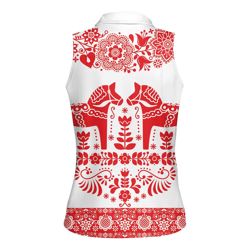 Sweden Daleclarian Horse Women Sleeveless Polo Shirt Floral Folk Pattern White Version