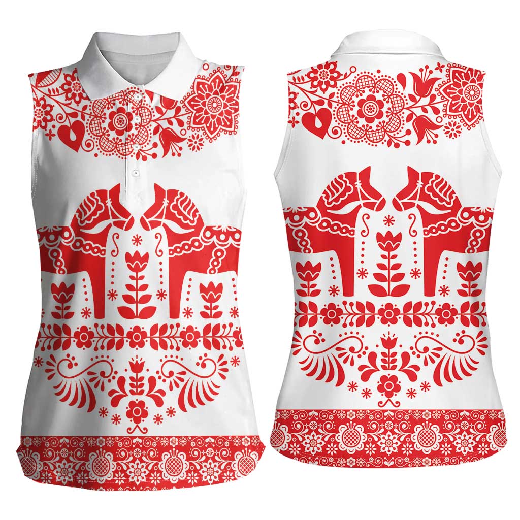 Sweden Daleclarian Horse Women Sleeveless Polo Shirt Floral Folk Pattern White Version