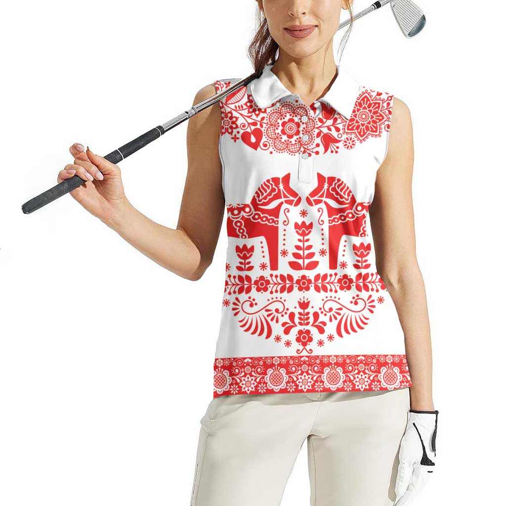 Sweden Daleclarian Horse Women Sleeveless Polo Shirt Floral Folk Pattern White Version