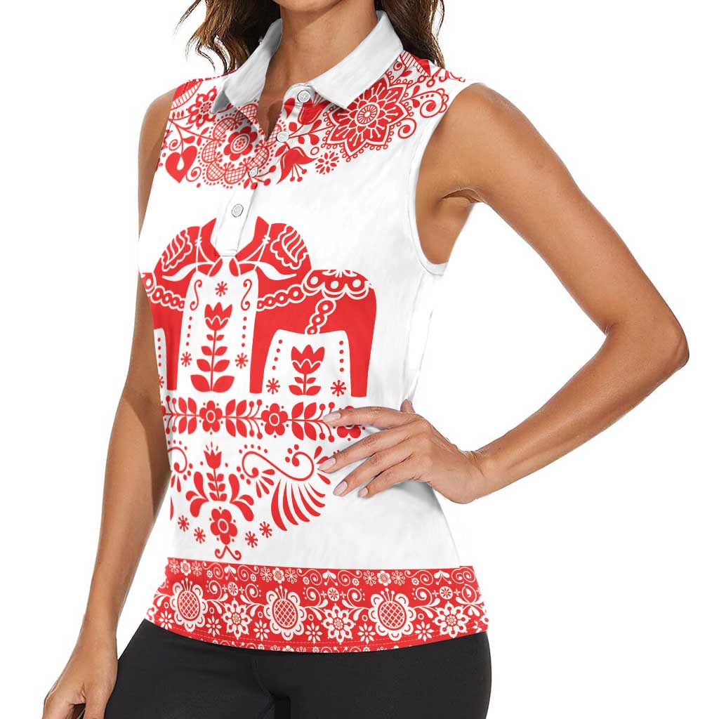 Sweden Daleclarian Horse Women Sleeveless Polo Shirt Floral Folk Pattern White Version