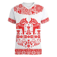 Sweden Daleclarian Horse Women V-Neck T-Shirt Floral Folk Pattern White Version