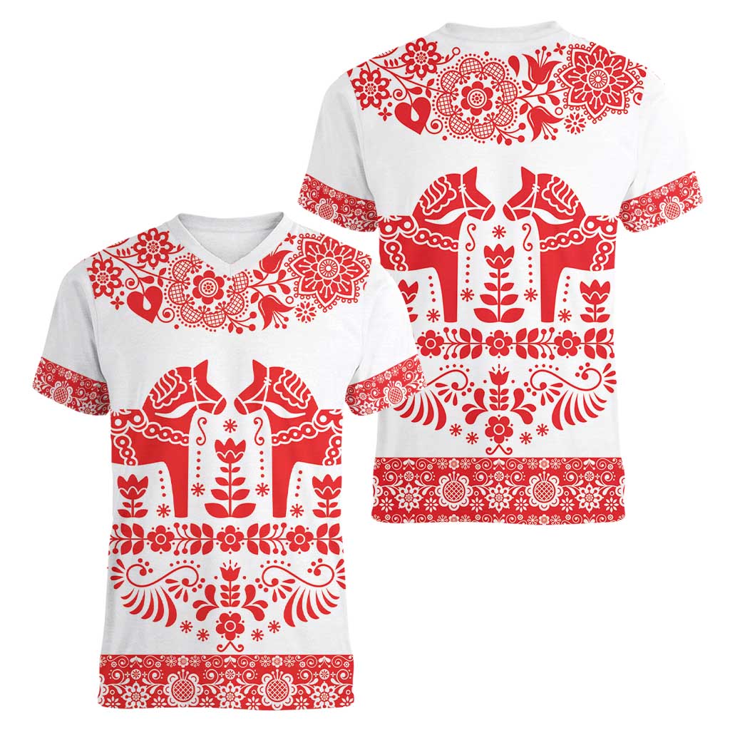 Sweden Daleclarian Horse Women V-Neck T-Shirt Floral Folk Pattern White Version