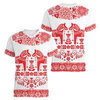 Sweden Daleclarian Horse Women V-Neck T-Shirt Floral Folk Pattern White Version