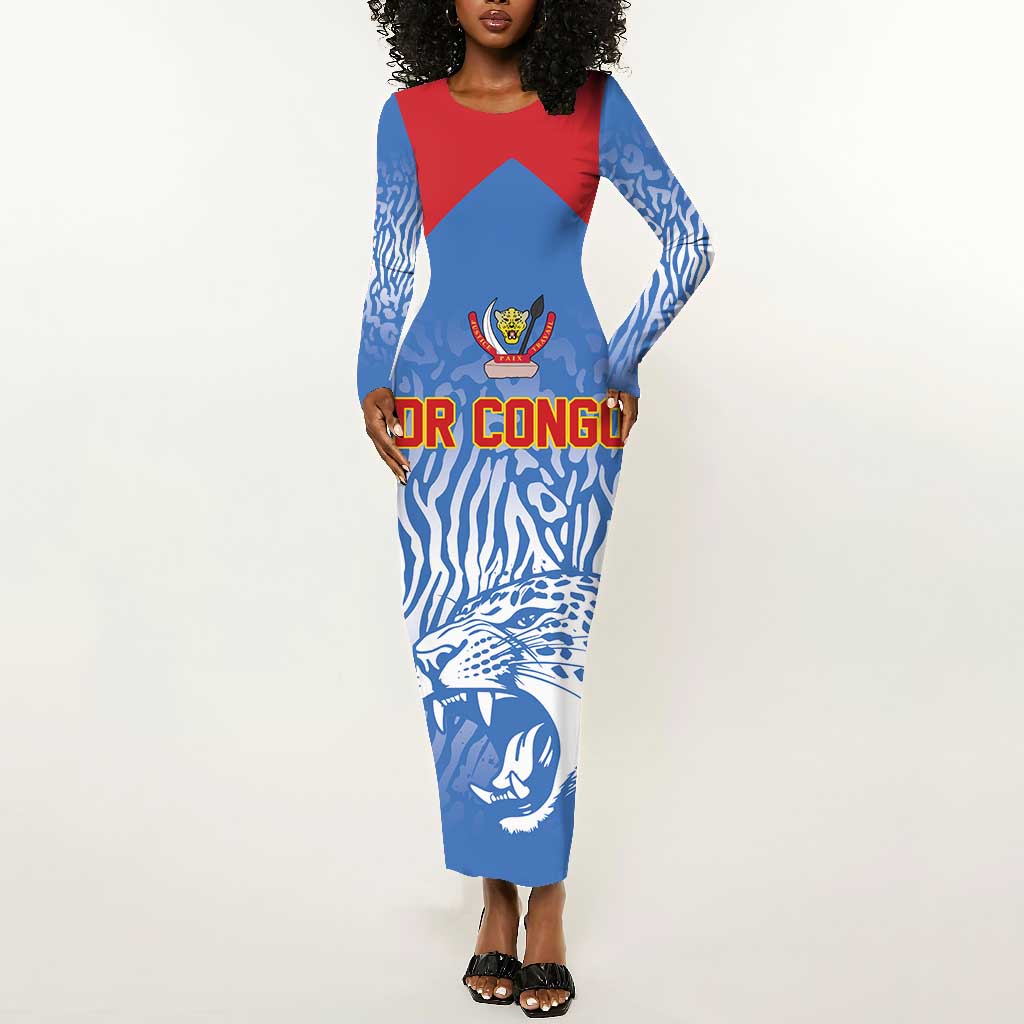 Custom DR Congo Football 2026 Long Sleeve Bodycon Dress Leopard Power Fan Style