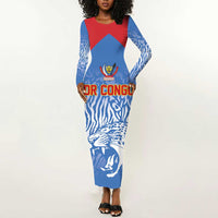 Custom DR Congo Football 2026 Long Sleeve Bodycon Dress Leopard Power Fan Style