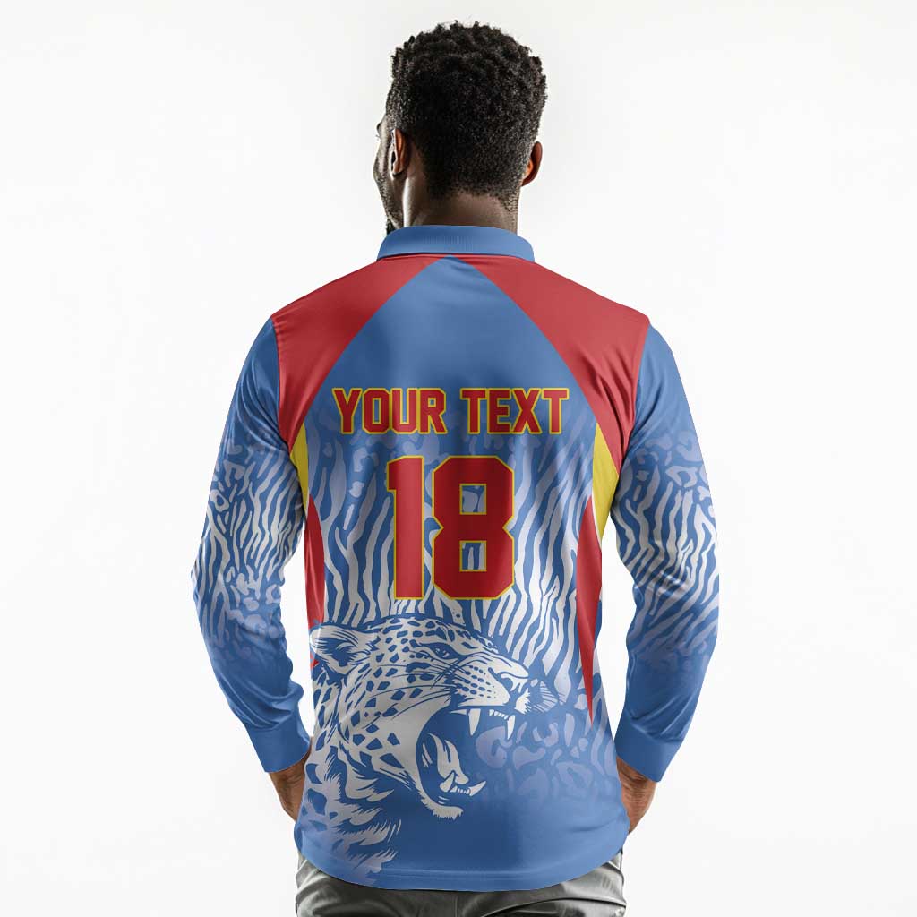Custom DR Congo Football 2026 Long Sleeve Polo Shirt Leopard Power Fan Style