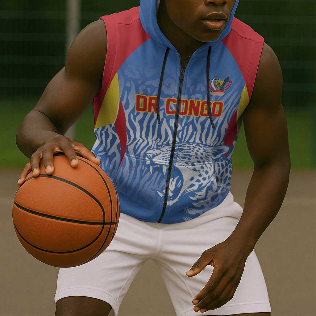 Custom DR Congo Football 2026 Sleeveless Zip Hoodie Leopard Power Fan Style