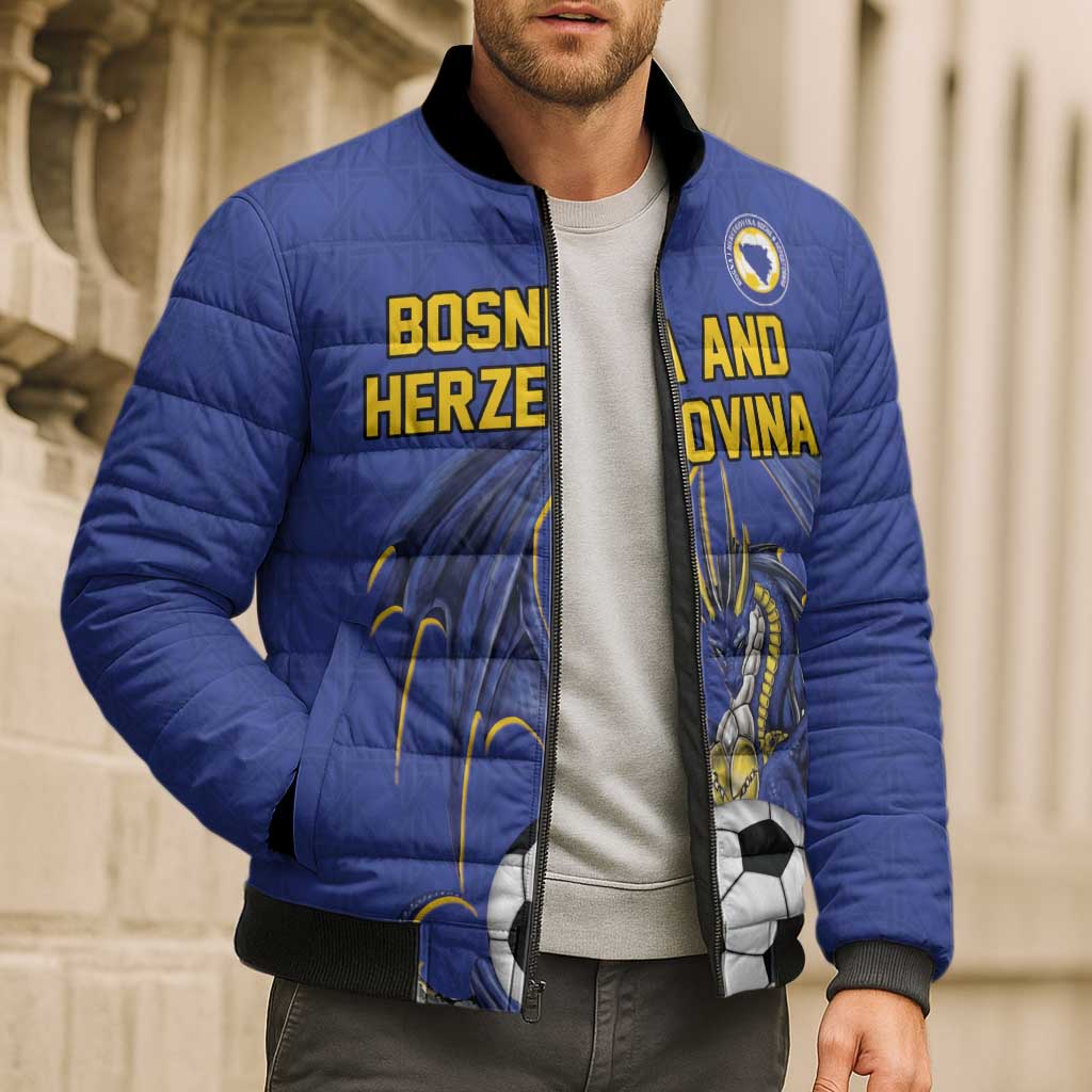 Custom Bosnia and Herzegovina Football 2026 Bomber Puffer Jacket Blue Dragon National Pride