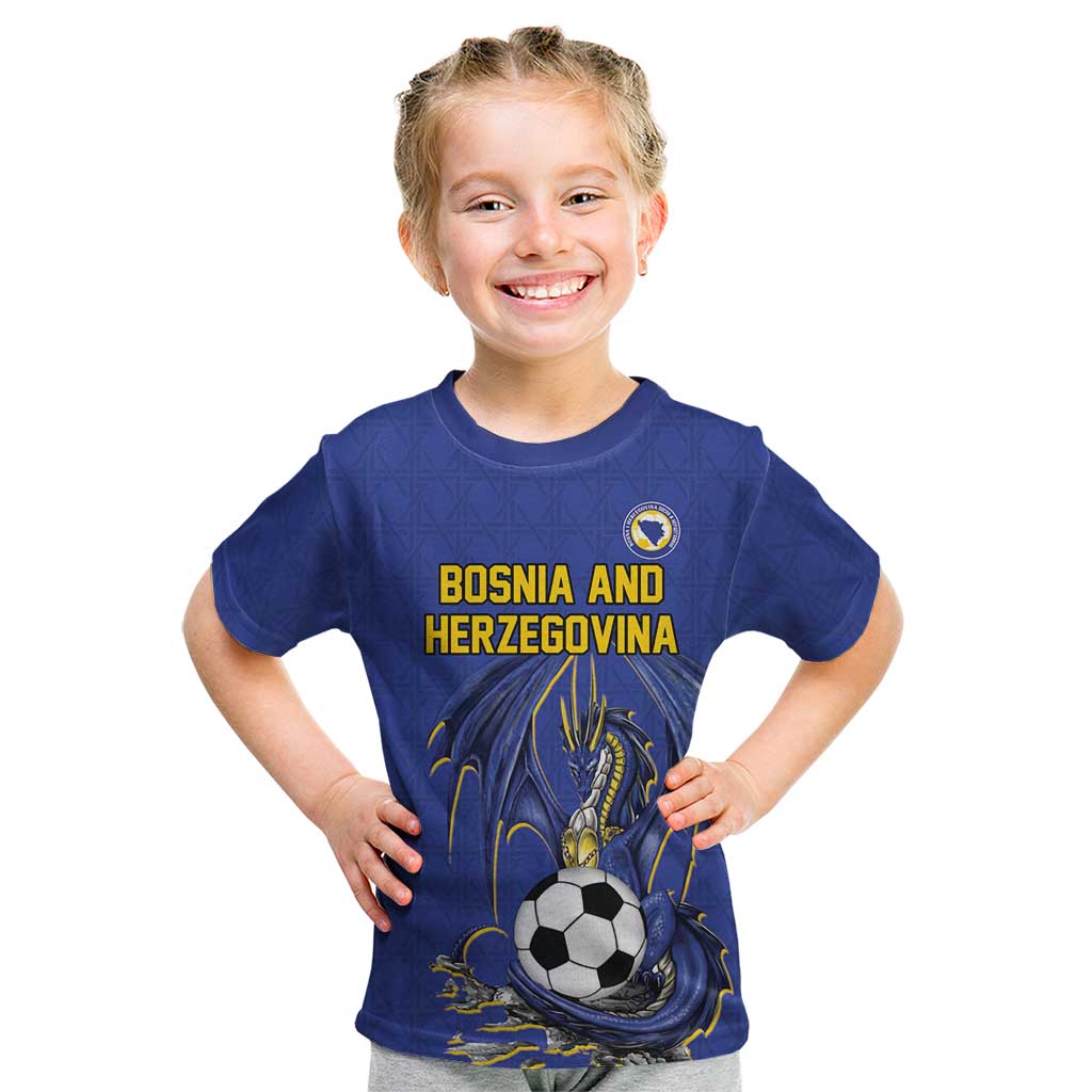 Custom Bosnia and Herzegovina Football 2026 Kid T Shirt Blue Dragon National Pride