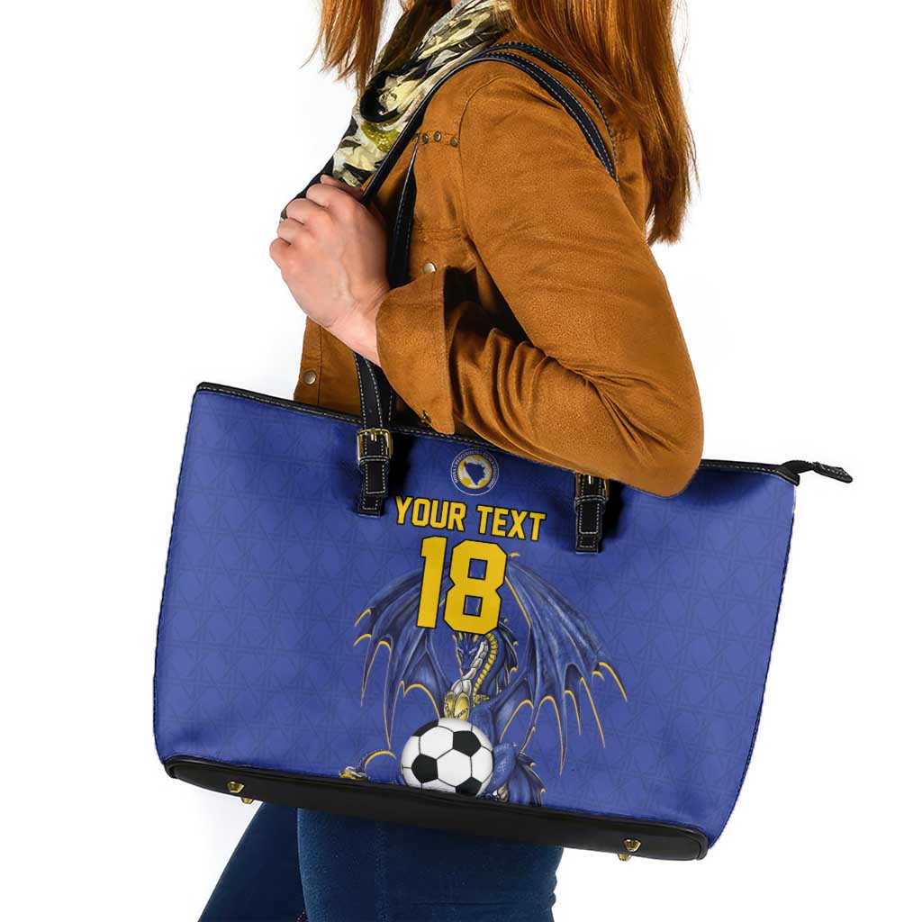 Custom Bosnia and Herzegovina Football 2026 Leather Tote Bag Blue Dragon National Pride