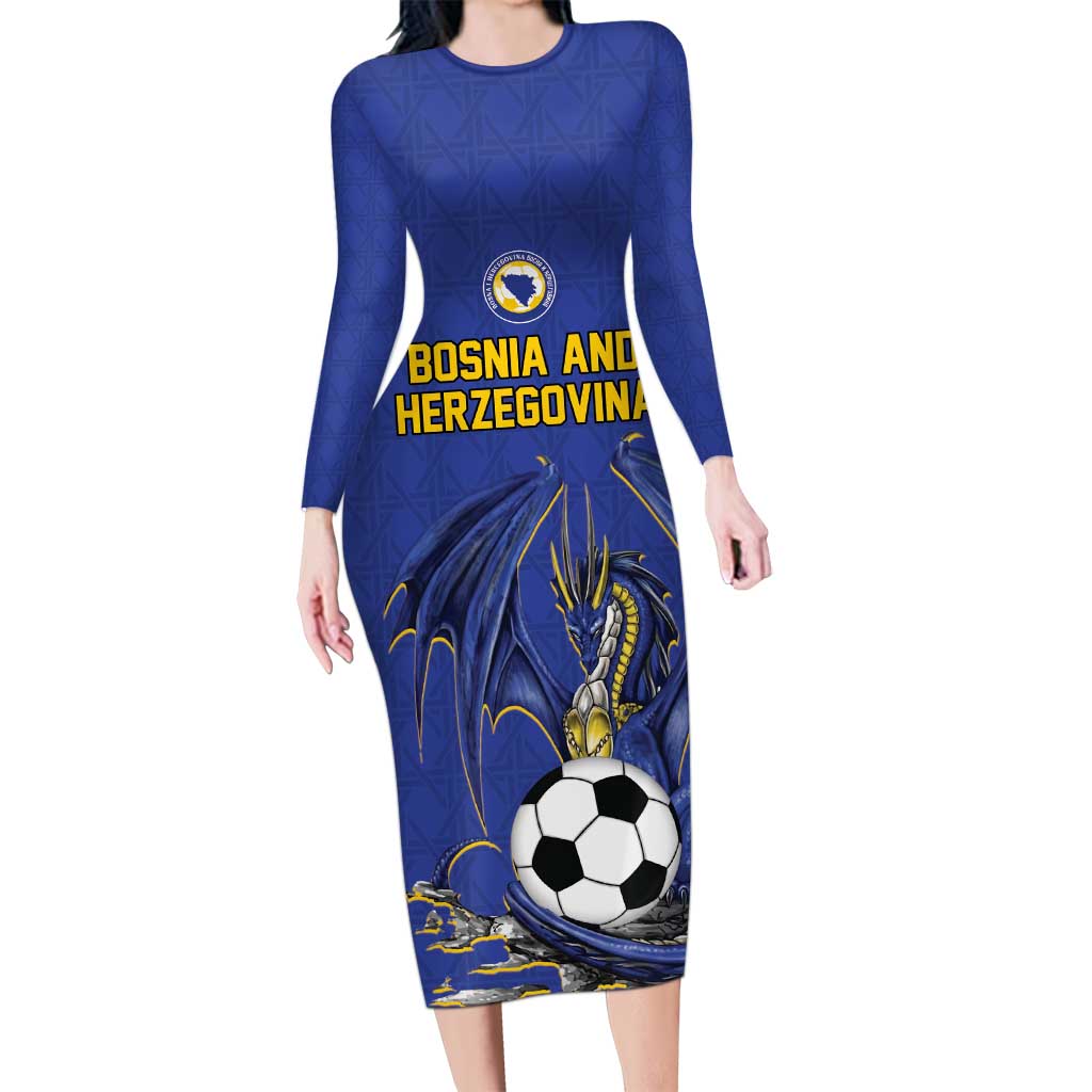 Custom Bosnia and Herzegovina Football 2026 Long Sleeve Bodycon Dress Blue Dragon National Pride