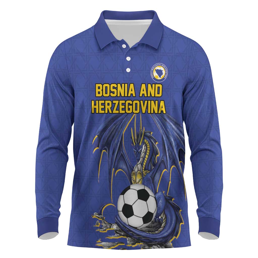 Custom Bosnia and Herzegovina Football 2026 Long Sleeve Polo Shirt Blue Dragon National Pride