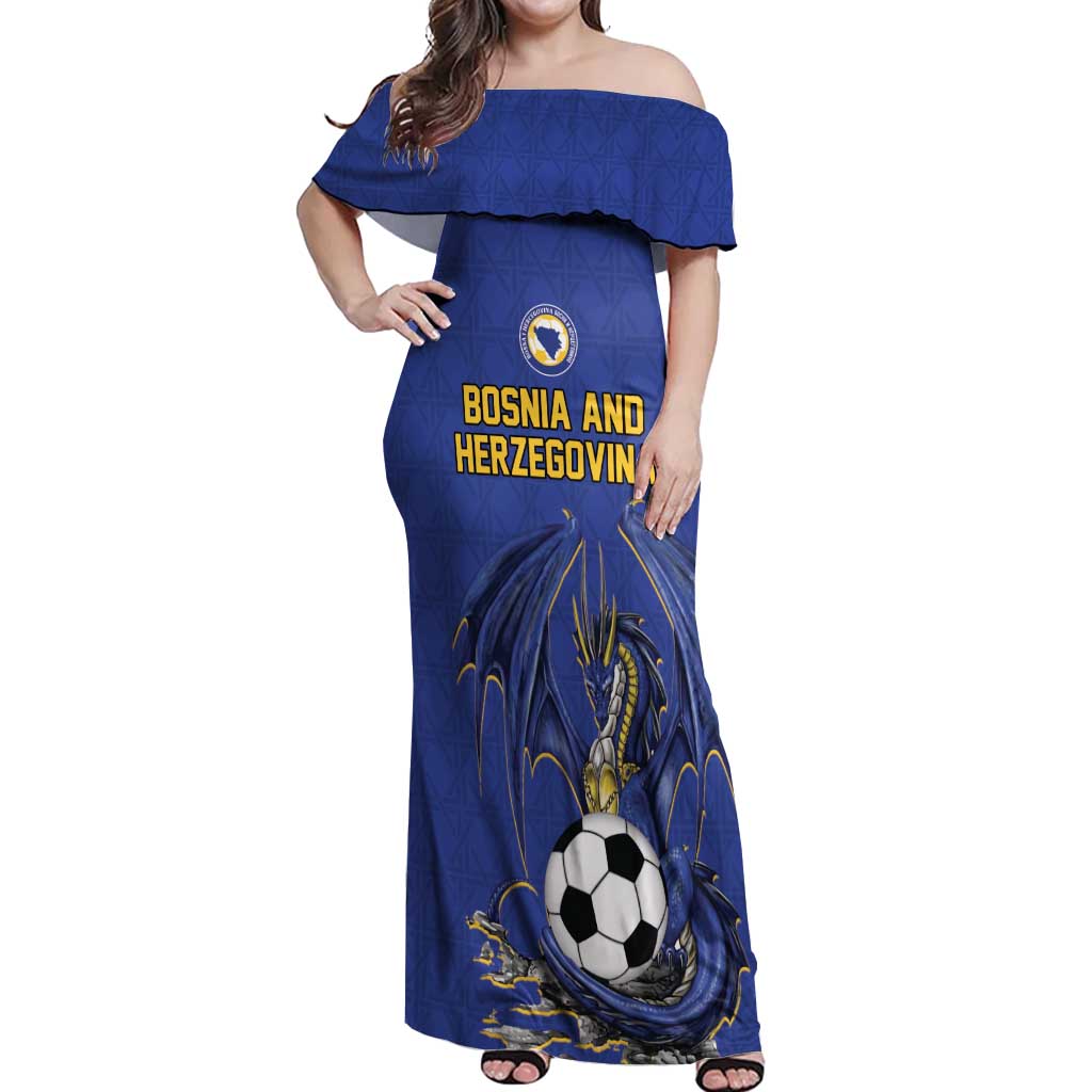 Custom Bosnia and Herzegovina Football 2026 Off Shoulder Maxi Dress Blue Dragon National Pride