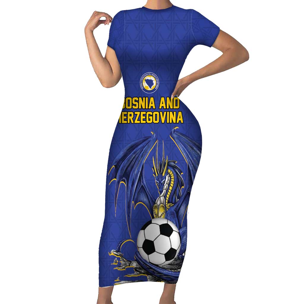 Custom Bosnia and Herzegovina Football 2026 Short Sleeve Bodycon Dress Blue Dragon National Pride