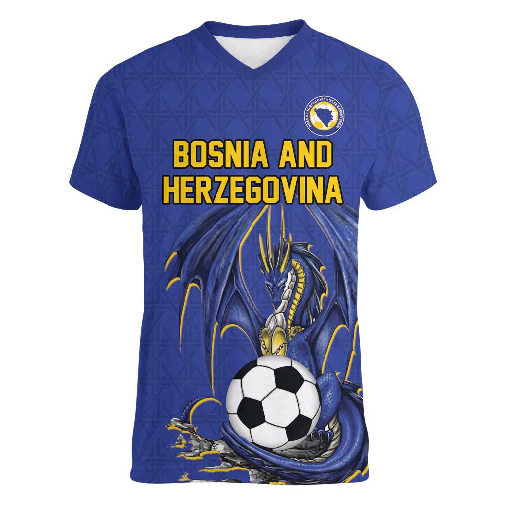Custom Bosnia and Herzegovina Football 2026 Women V-Neck T-Shirt Blue Dragon National Pride