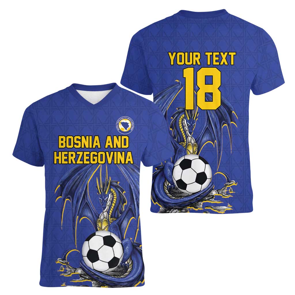Custom Bosnia and Herzegovina Football 2026 Women V-Neck T-Shirt Blue Dragon National Pride