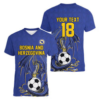 Custom Bosnia and Herzegovina Football 2026 Women V-Neck T-Shirt Blue Dragon National Pride