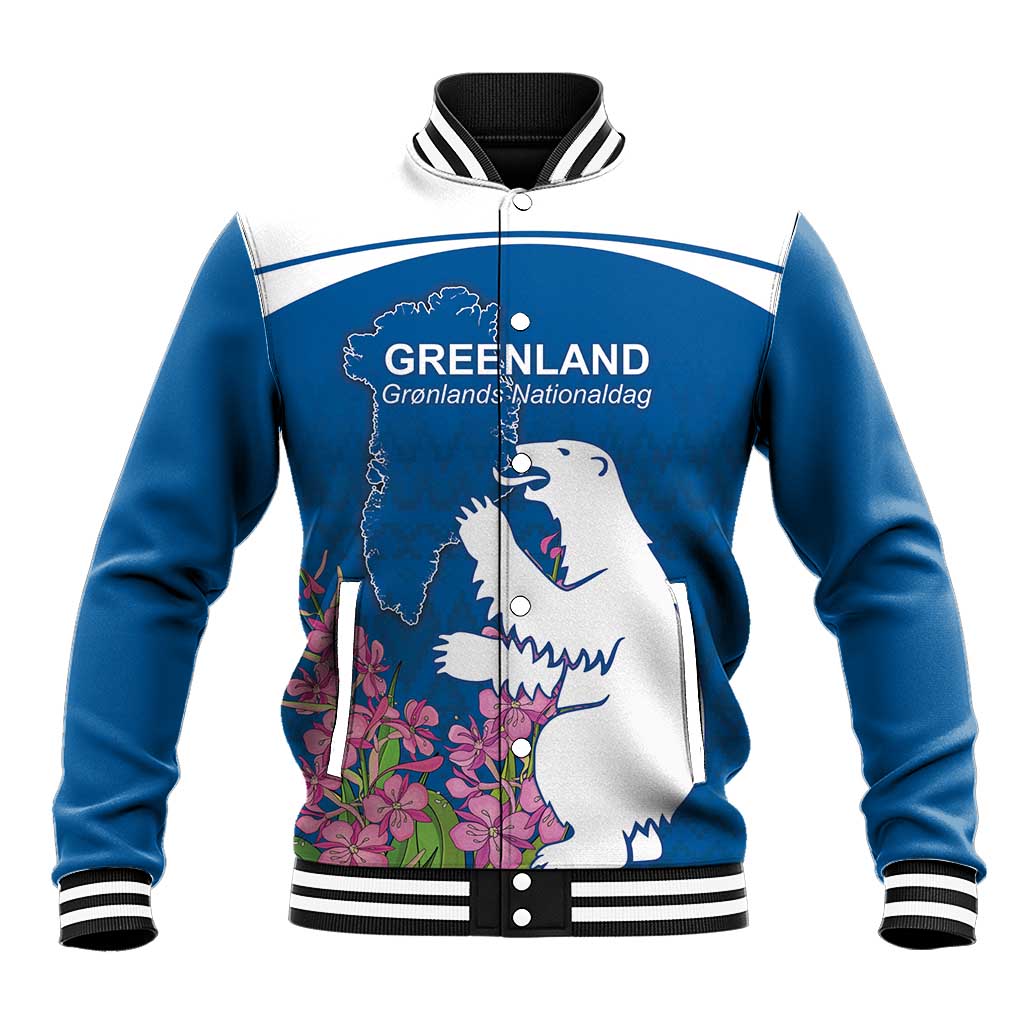 Personalized Greenland National Day Baseball Jacket Polar Bear With Dwarf Fireweed