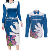 Personalized Greenland National Day Couples Matching Long Sleeve Bodycon Dress and Long Sleeve Button Shirt Polar Bear With Dwarf Fireweed