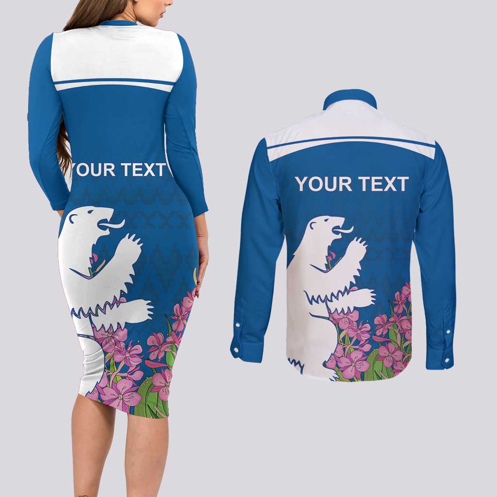 Personalized Greenland National Day Couples Matching Long Sleeve Bodycon Dress and Long Sleeve Button Shirt Polar Bear With Dwarf Fireweed