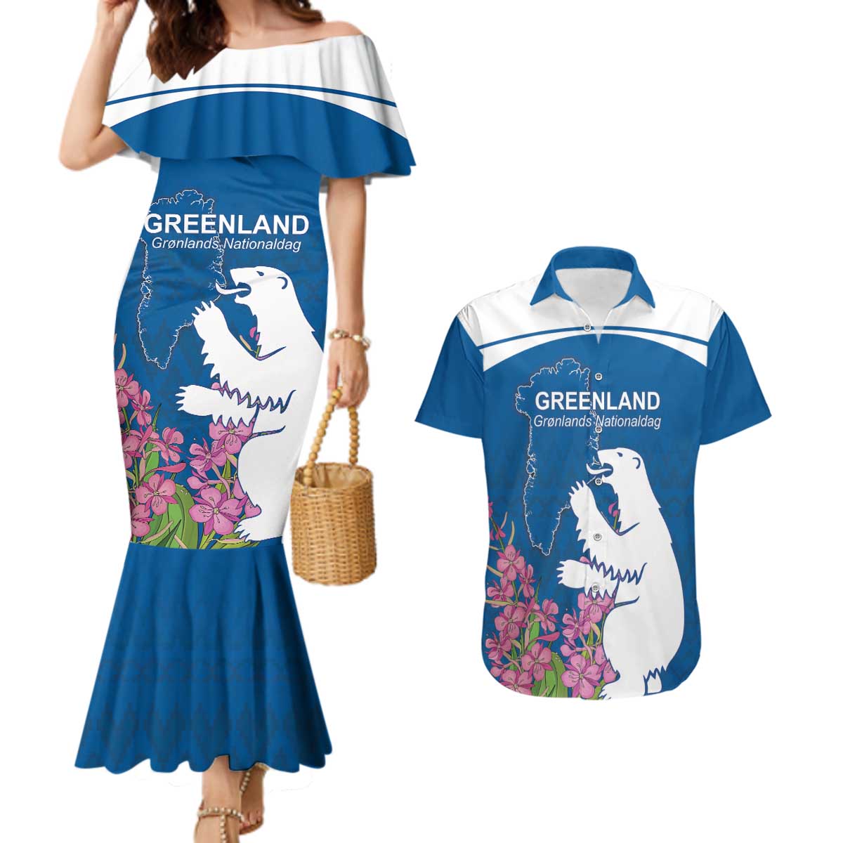 Personalized Greenland National Day Couples Matching Mermaid Dress and Hawaiian Shirt Polar Bear With Dwarf Fireweed