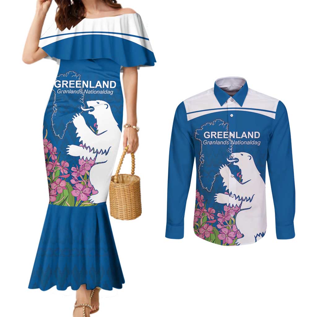 Personalized Greenland National Day Couples Matching Mermaid Dress and Long Sleeve Button Shirt Polar Bear With Dwarf Fireweed