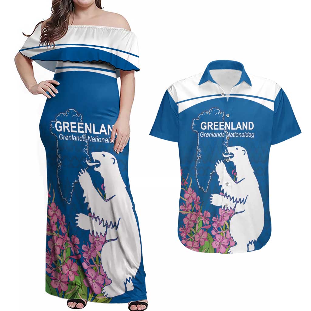 Personalized Greenland National Day Couples Matching Off Shoulder Maxi Dress and Hawaiian Shirt Polar Bear With Dwarf Fireweed