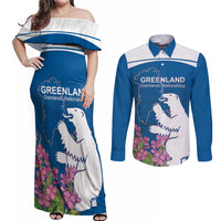 Personalized Greenland National Day Couples Matching Off Shoulder Maxi Dress and Long Sleeve Button Shirt Polar Bear With Dwarf Fireweed