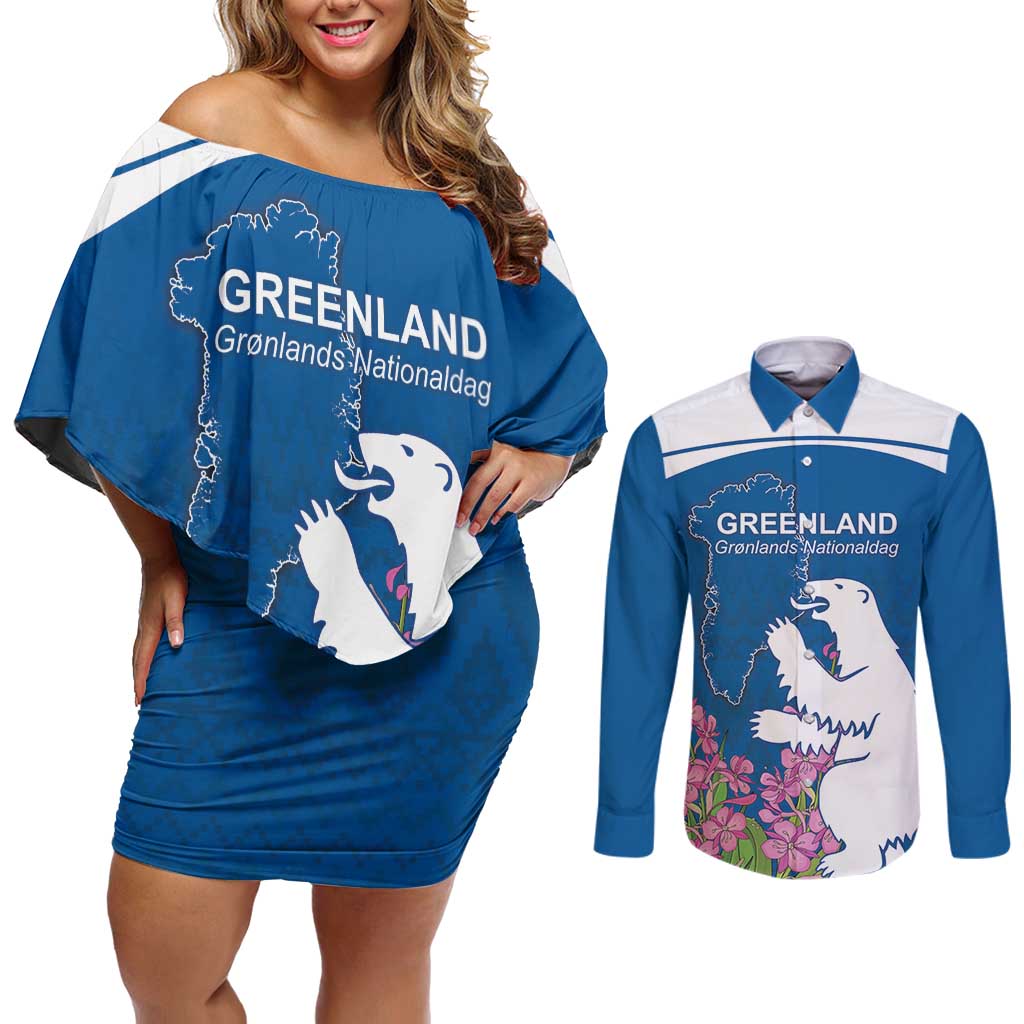 Personalized Greenland National Day Couples Matching Off Shoulder Short Dress and Long Sleeve Button Shirt Polar Bear With Dwarf Fireweed