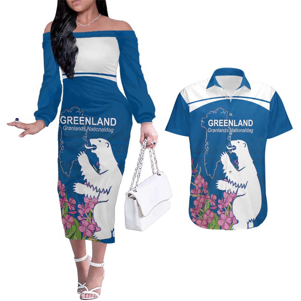 Personalized Greenland National Day Couples Matching Off The Shoulder Long Sleeve Dress and Hawaiian Shirt Polar Bear With Dwarf Fireweed