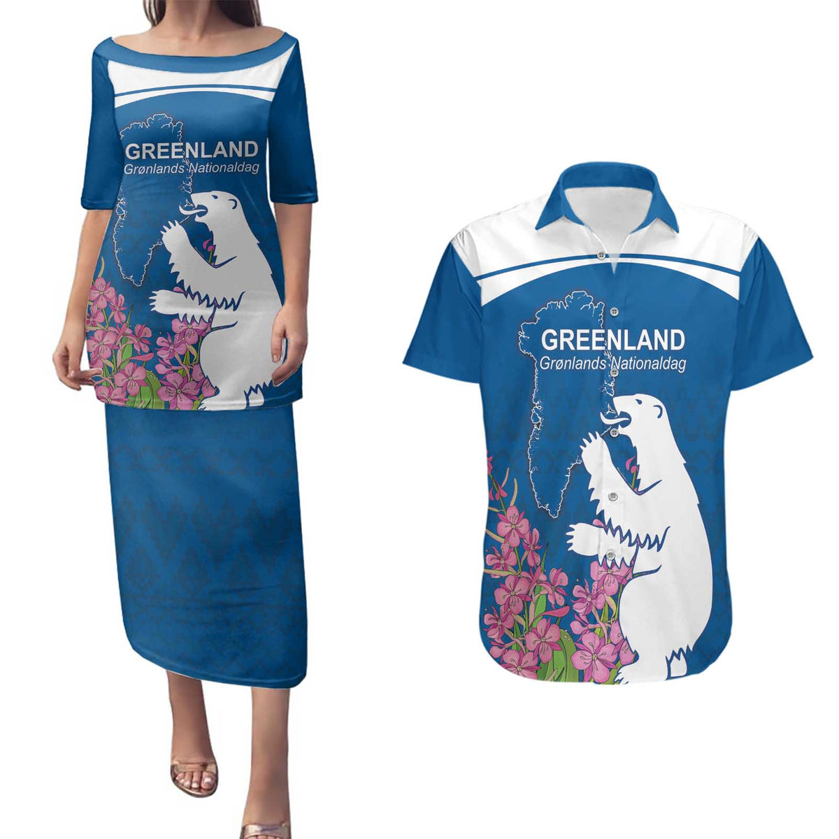 Personalized Greenland National Day Couples Matching Puletasi and Hawaiian Shirt Polar Bear With Dwarf Fireweed